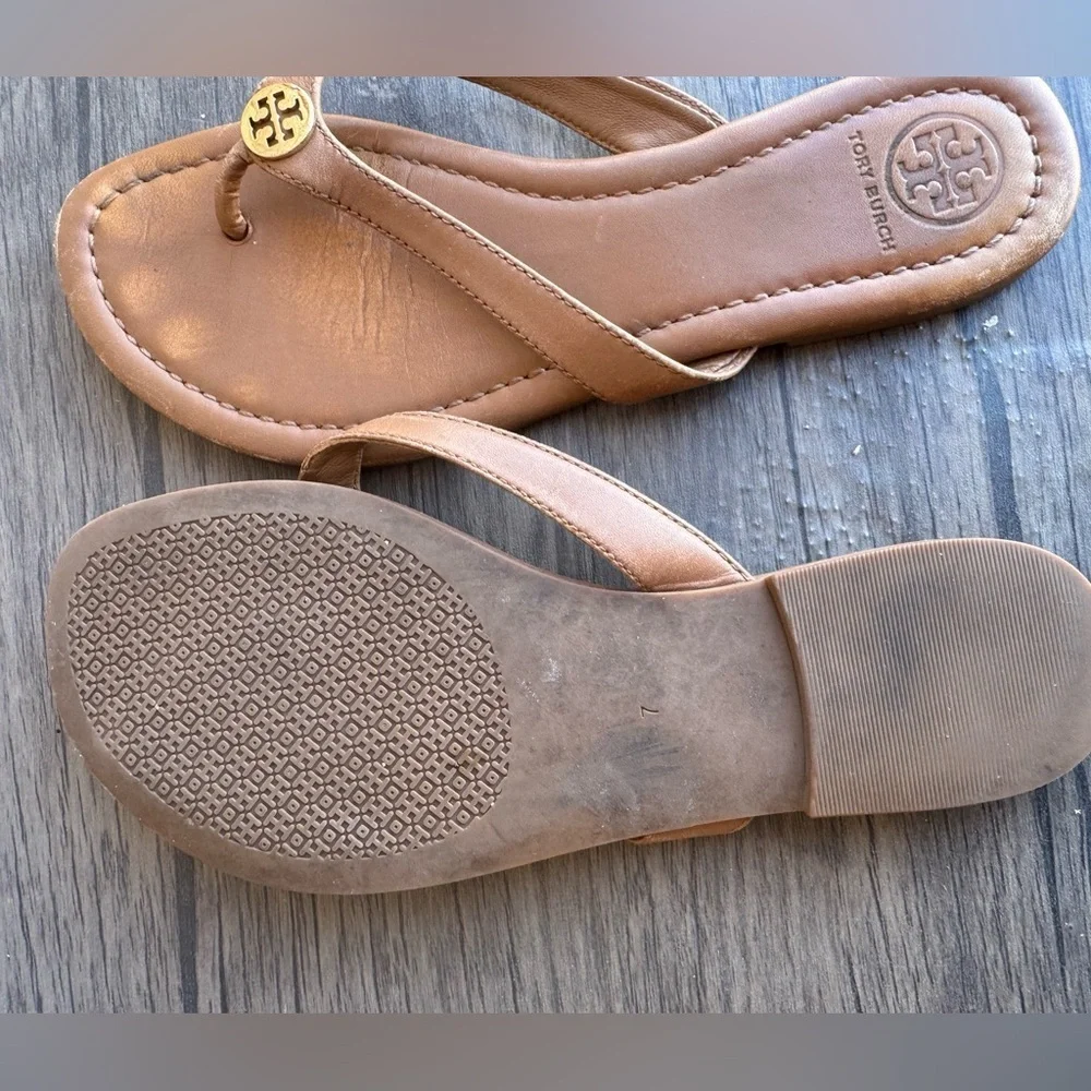 Tory Burch Thor’s Women’s Tan Leather Logo Thong Sandals Size 7